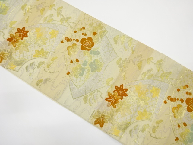 JAPANESE KIMONO / ANTIQUE FUKURO OBI / WOVEN JIGAMI & UME & AUTUMN LEAVES